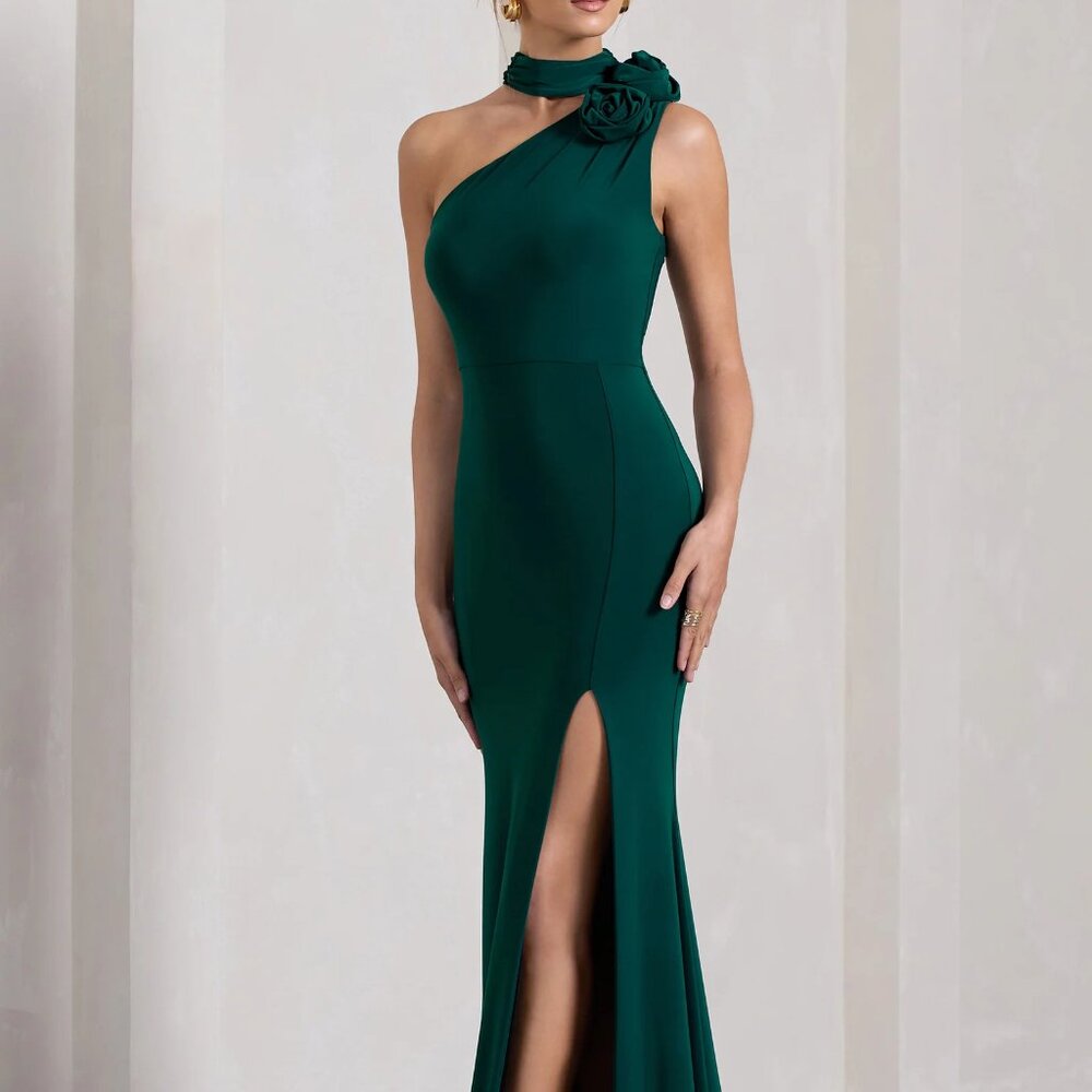 Club L Halter Neck Flower Maxi Dress in Bottle Green BRAND NEW with tags US 6